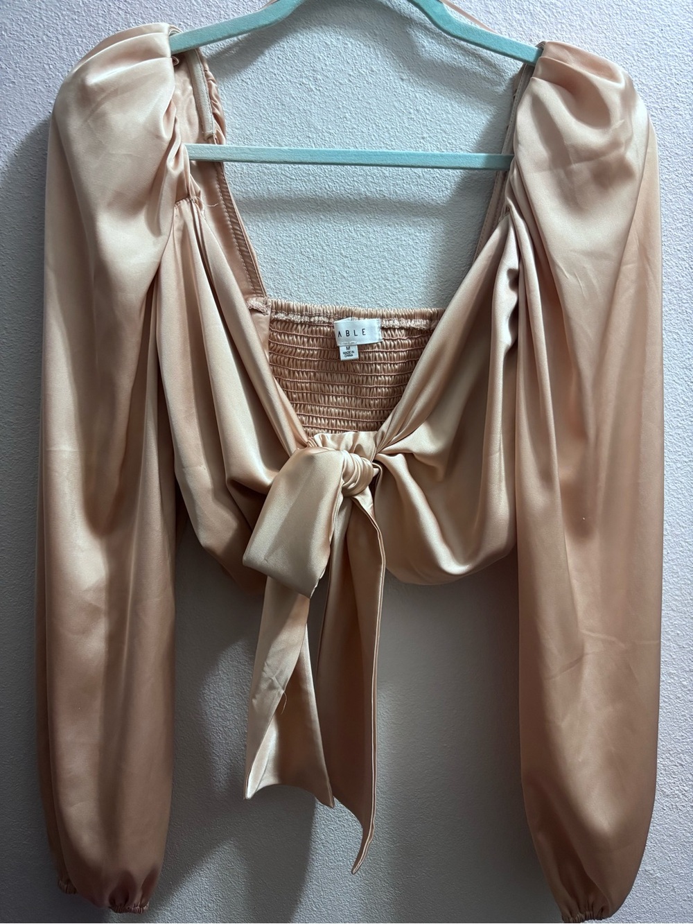 Able Satin Tie-Front Puff Sleeve Crop Top in Beige